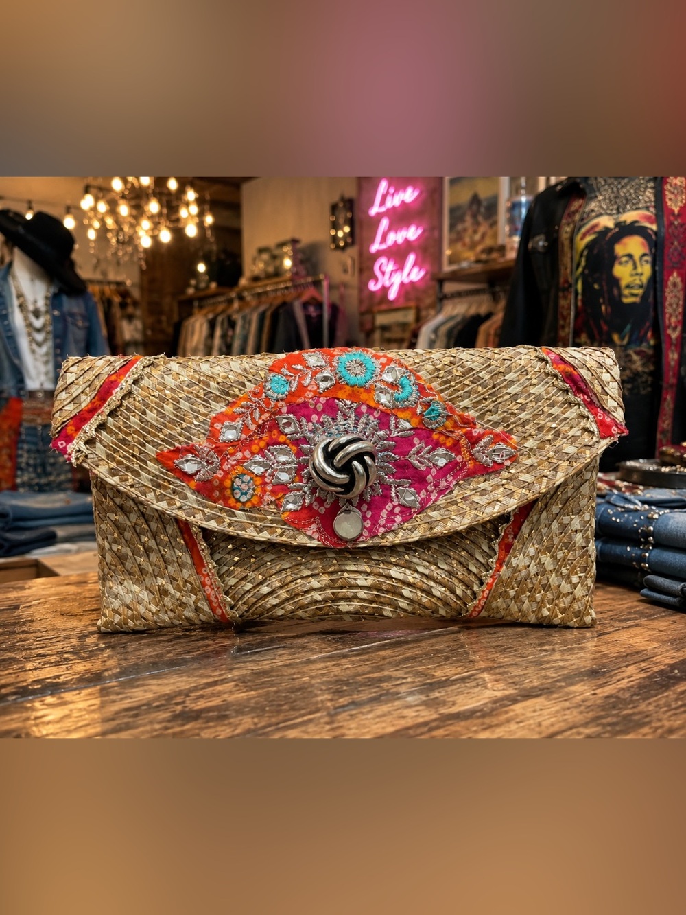 Handwoven Straw Clutch made by Jenstylezz Pink & Orange Embroidery